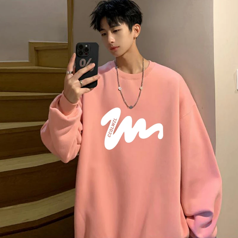 新品冬季加绒加厚潮牌宽松卫衣男士秋季长袖上衣圆领套头内搭衣服