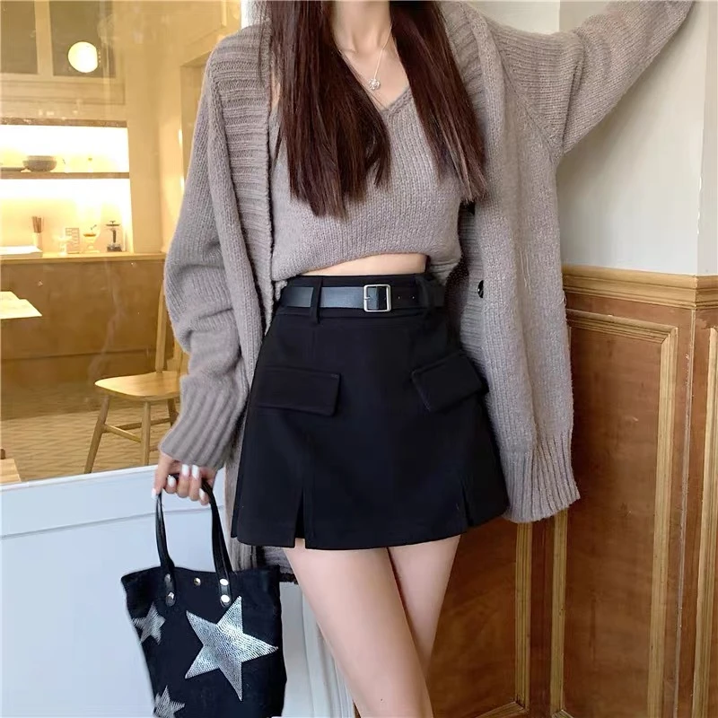 大码毛呢半身裙女秋冬超火高腰开叉a字包臀裙裤胖mm遮肚西装短裙