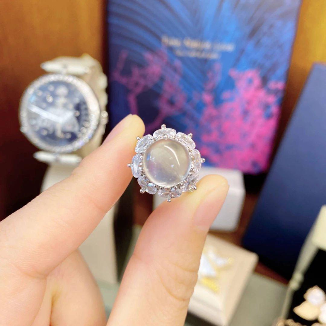 925银合成锆石戒指 定制厚镀1MIL镶嵌高托冰冰蛋面戒指dois12