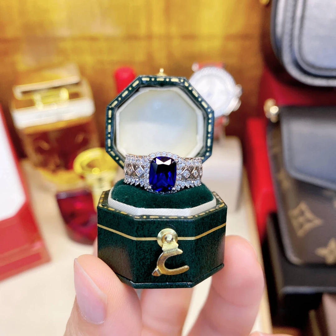925银合成锆石戒指 厚镀金1MIL布契蓝宝宝精致手工奢华戒指