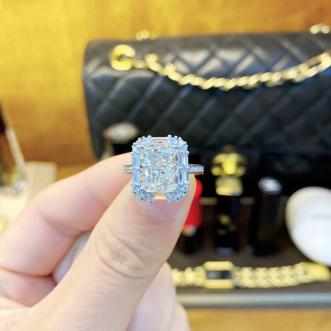 925银合成锆石戒指 定制厚镀1MIL极光白色手工大方糖戒指