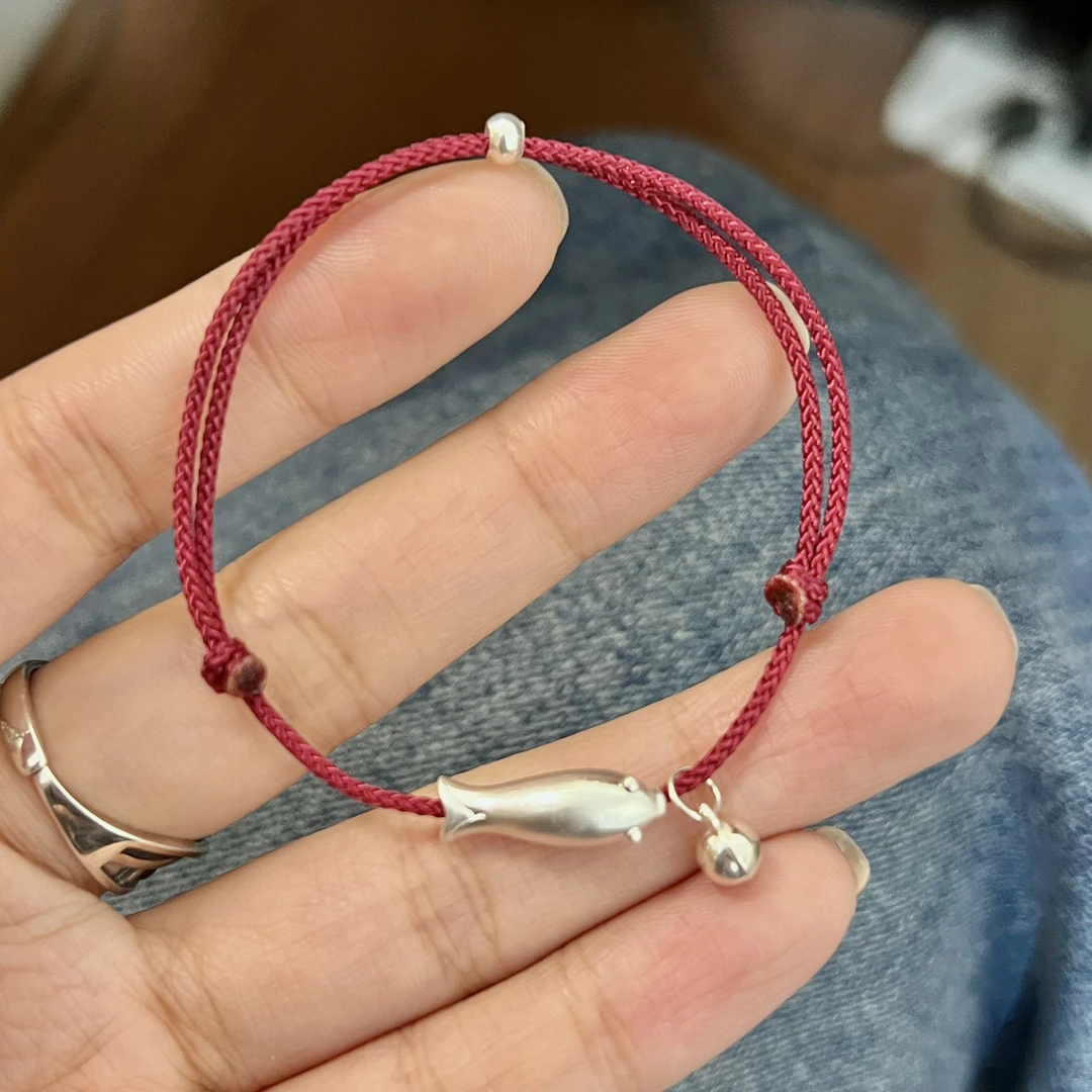足银手链 手工编织-富贵胖锦鲤铃铛红绳不掉色可调节