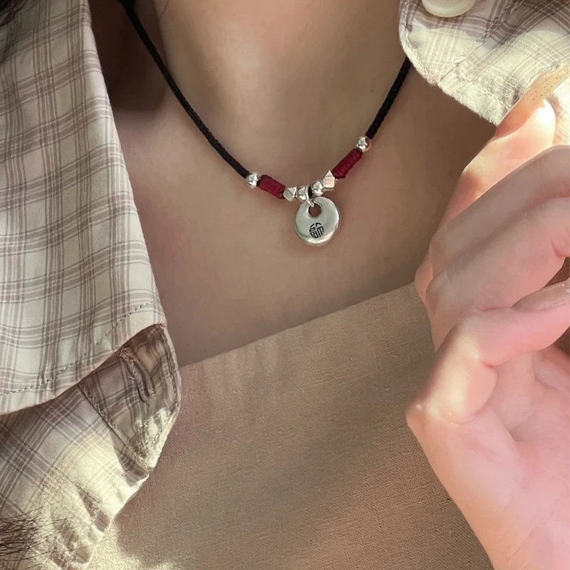 吊坠足银 简漫手作—新中式平安是福（圆满版）碎银黑绳抽拉项链