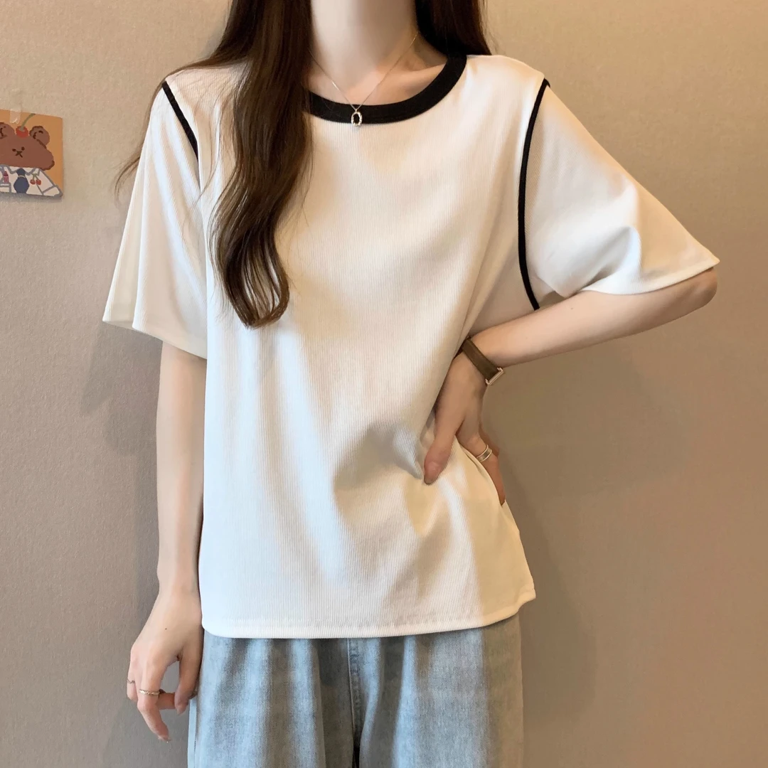 设计感撞色正肩短袖T恤女夏季大码胖mm时尚百搭宽松显瘦遮肚上衣