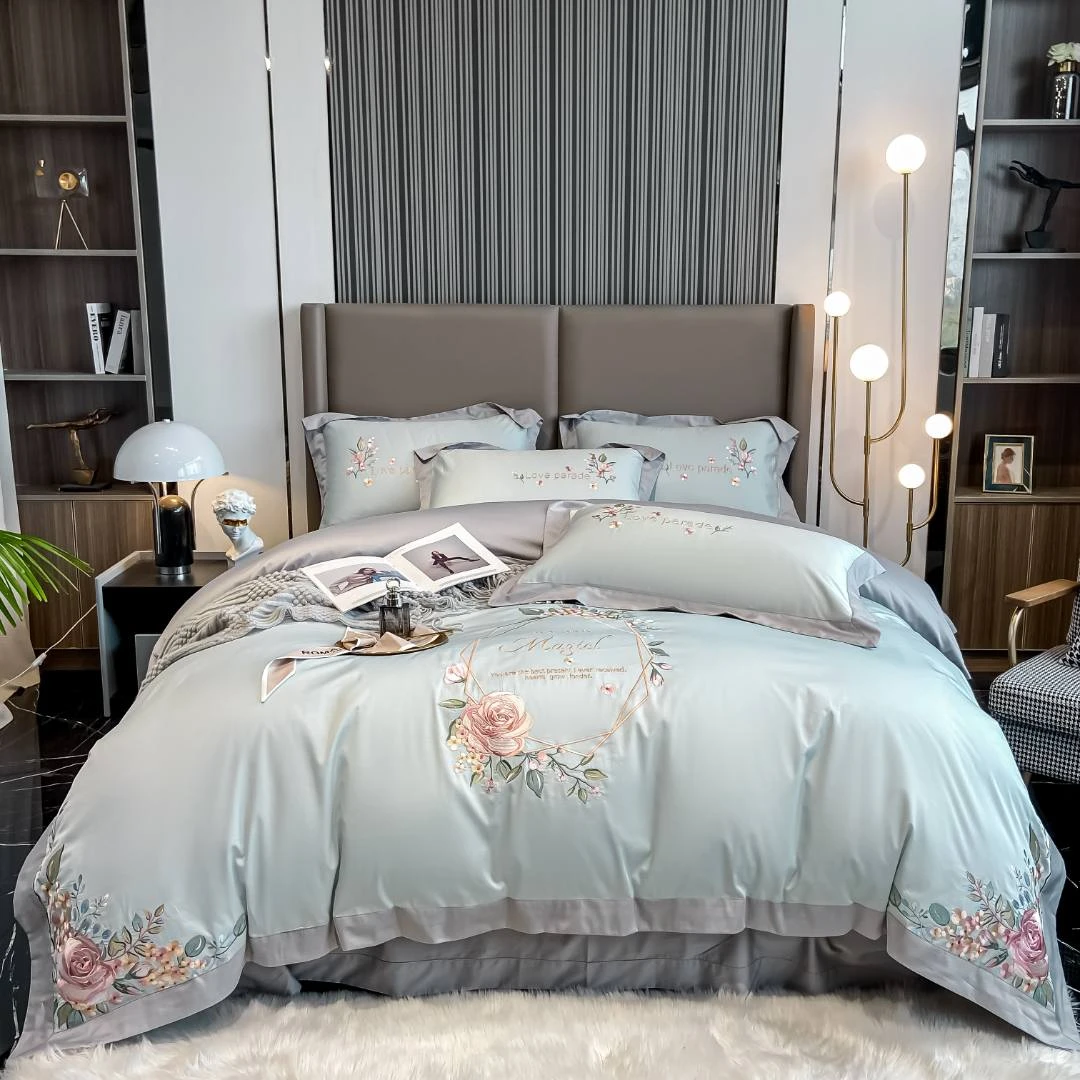 缙铂 【爱丽丝】 高档轻奢简约长绒棉精致重工刺绣绣花四件套