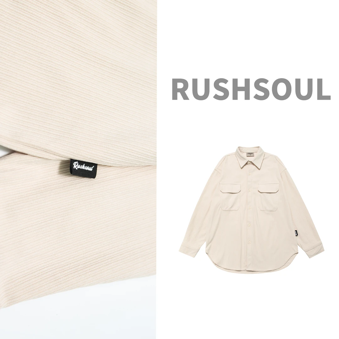 RUSHSOUL灯芯绒重磅复古潮牌宽松梭织长袖衬衫小众纯色衬衣外