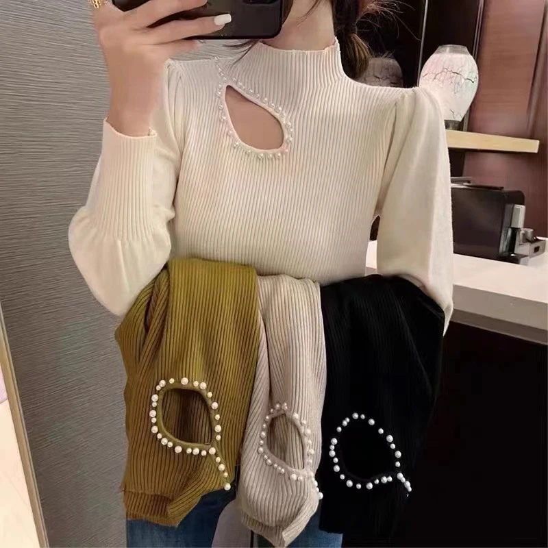 华丽升级版韩系镂空半高领显瘦修身毛衣长袖打底衫时尚加厚高领毛