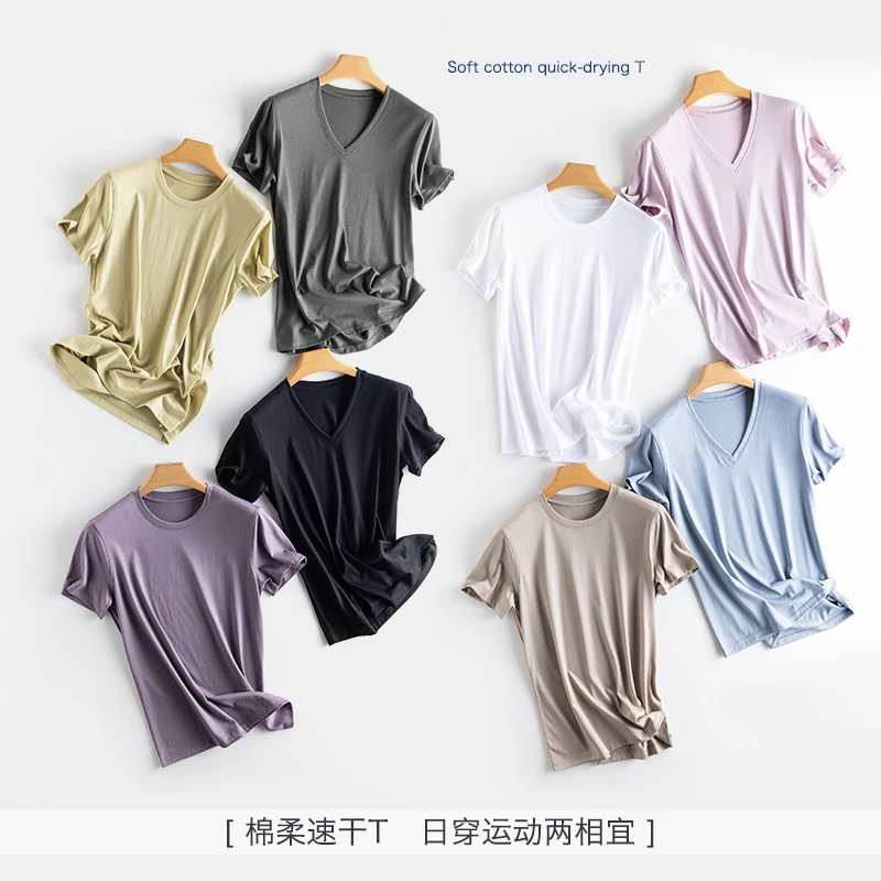 棉柔速干T恤女短袖简约运动基础款圆领修身ins显瘦V领白T瑜伽两穿