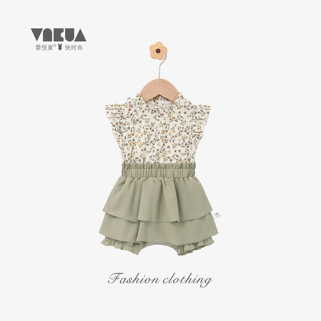 婴悦家夏季女宝宝韩版时尚洋气甜美向日葵印花短袖套装 87135