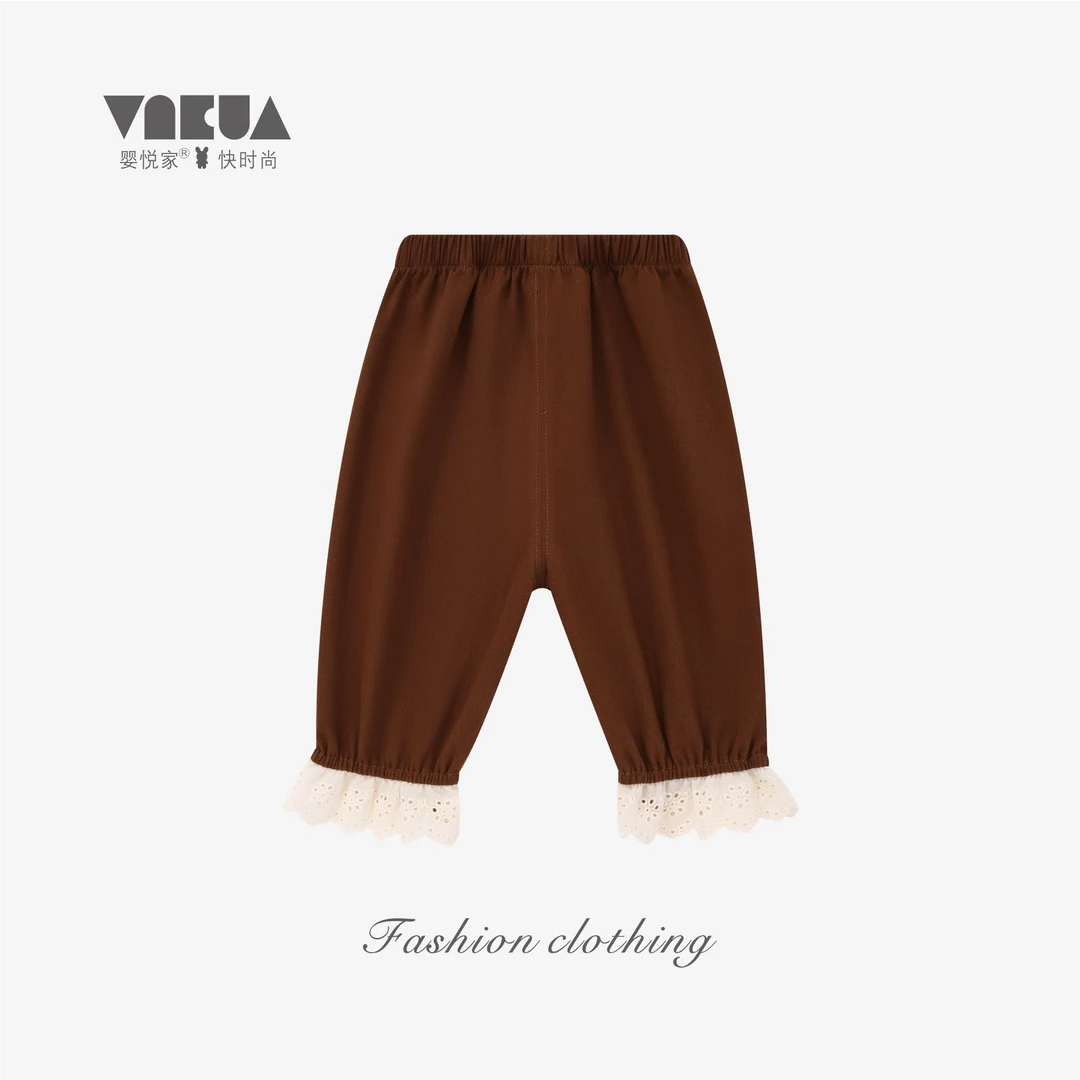 婴悦家春秋款时尚百搭女童宽松卡其休闲裤花边收脚裤87720