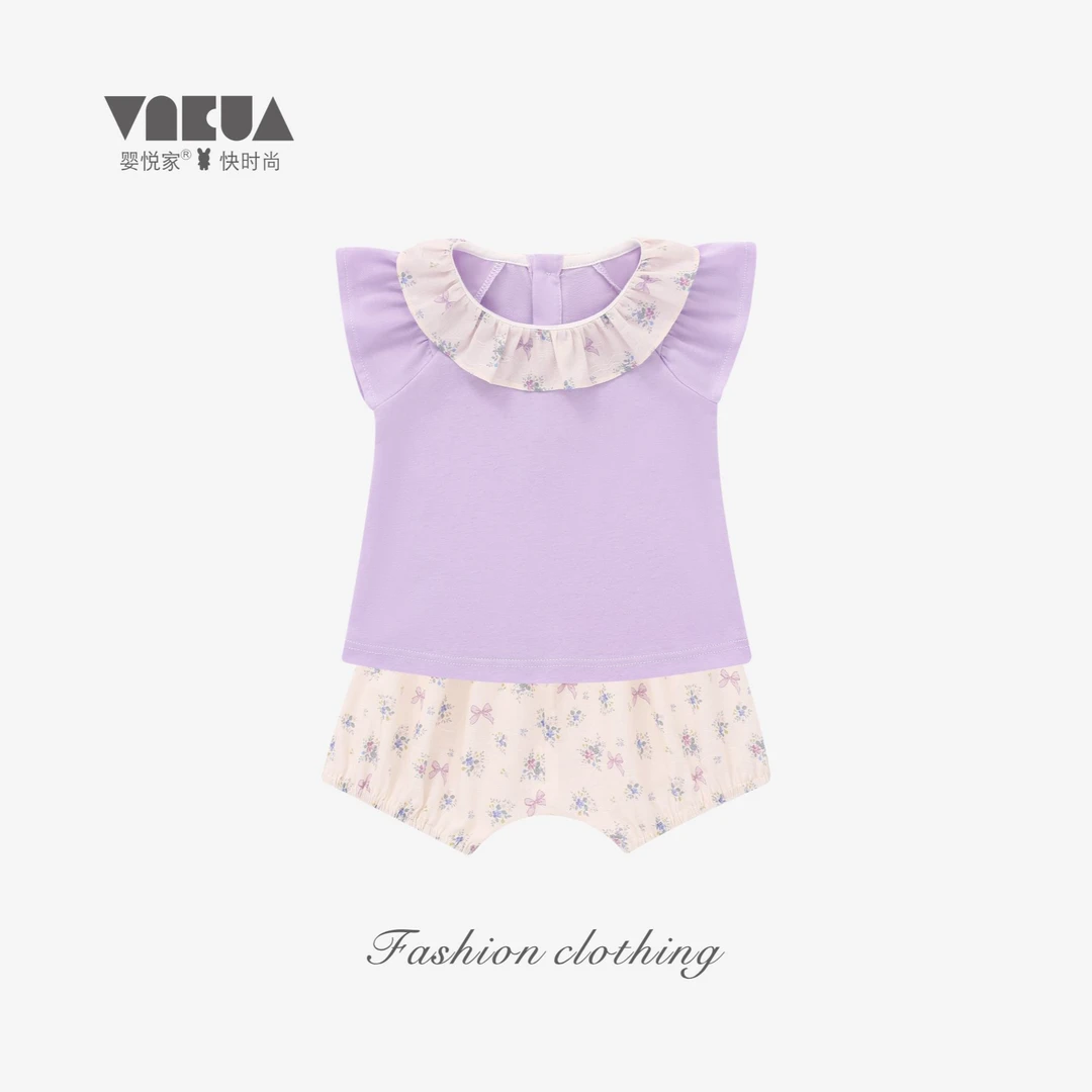 婴悦家夏季女宝宝洋气时尚百搭甜美翻领小飞袖套装 87585+87586