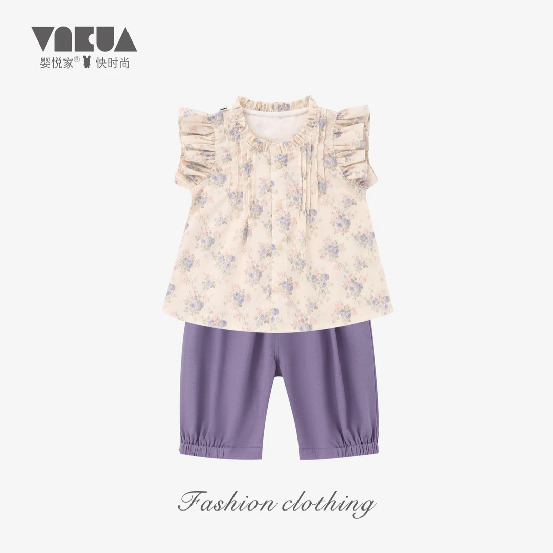 婴悦家夏季女宝宝时尚女童格子碎花小飞袖开胸套装 87289+87290