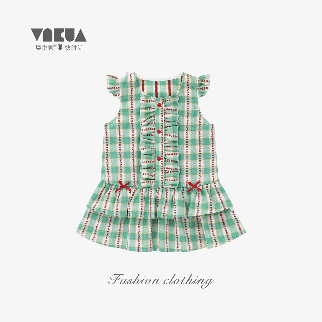 婴悦家夏季女宝宝时尚洋气森系田园格纹小飞袖连衣裙 87542