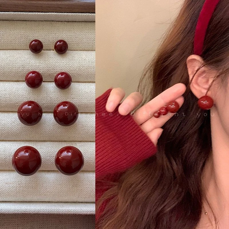 非金属耳饰 红色珠珠耳钉女过年显白氛围感甜美复古港风法式耳饰