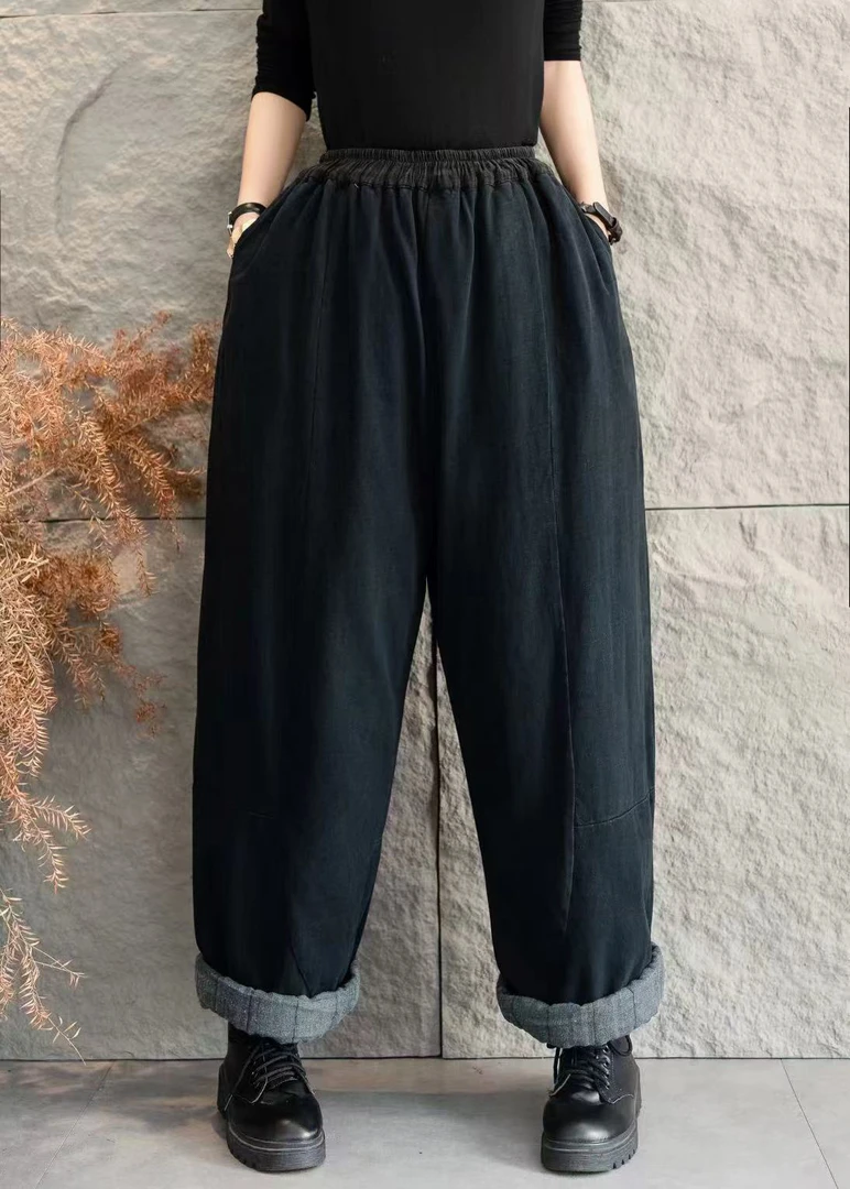 冬季新款休闲宽松砂洗炒色纯棉棉裤阔腿裤