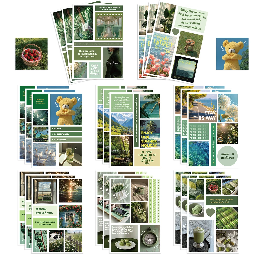 8款卡通INS风绿色拼贴动手DIY手账手机壳笔记本装饰防水背卡贴画