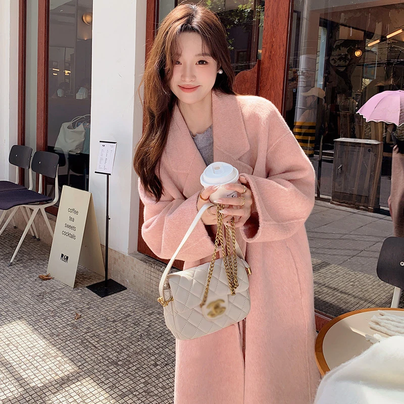粉色双面毛呢大衣2025秋冬新款韩版宽松中长款爆款呢子外套女868
