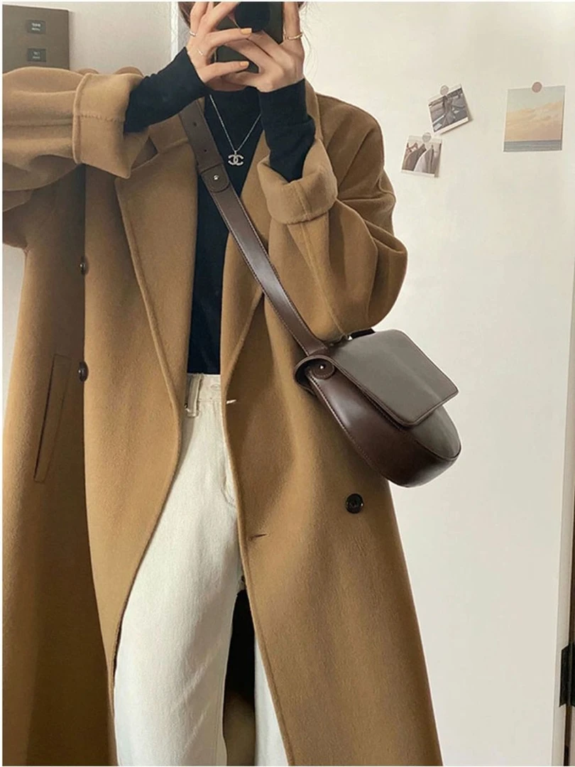驼色双面毛呢大衣2024秋冬新款韩版宽松中长款爆款过膝呢子外套女