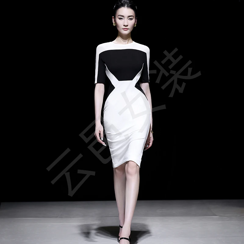 2025夏季小众设计黑白拼色气质名媛连衣裙修身包臀中袖轻奢女装