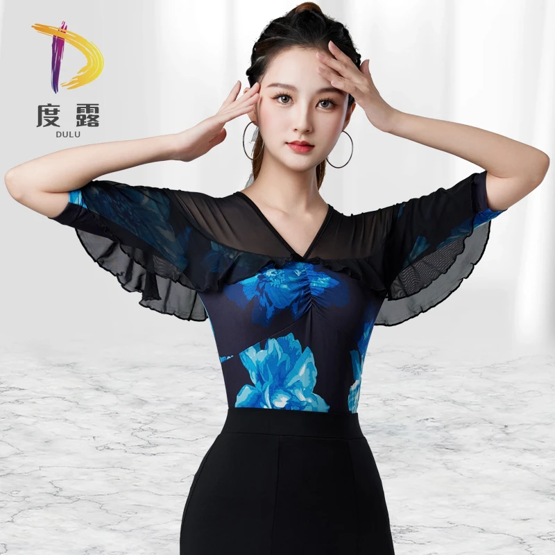 度露国标摩登舞上衣女新款时尚印花荷叶中袖舞蹈服拉丁舞跳舞服装