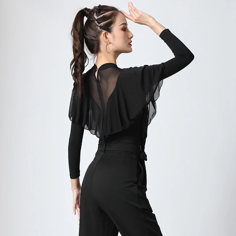 高级国标拉丁舞新款高领跳舞服成年连体服长袖华尔兹摩登舞上衣女