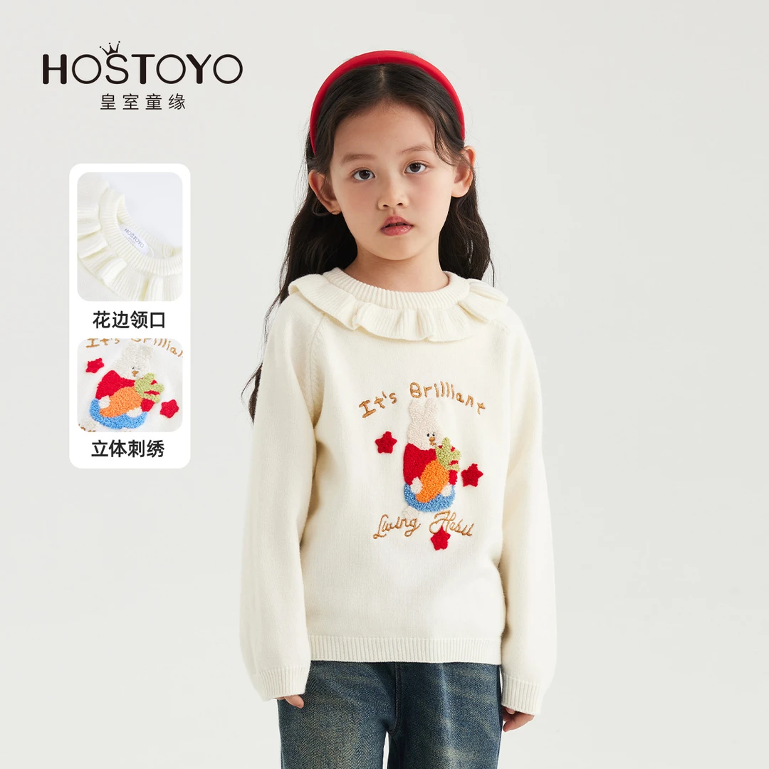 皇室童缘2025春季女童新品花边领绣花毛衣15830230023