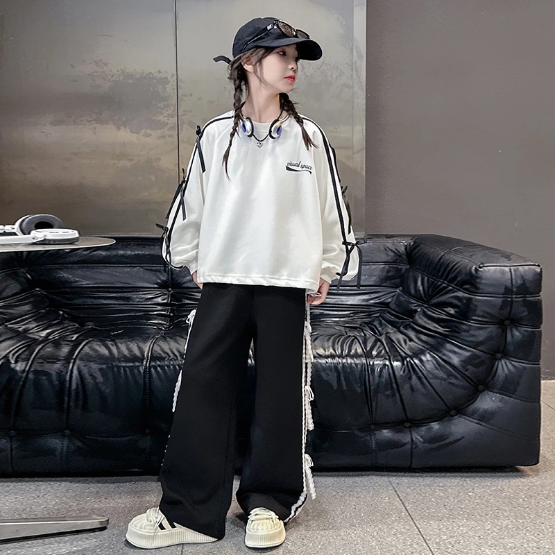 女童秋款套装2024新款洋气儿童蝴蝶结白色上衣中大童时尚休闲裤潮