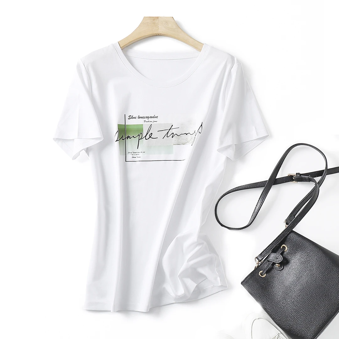 2024夏季新款双面丝光棉T恤女修身印花短袖纯棉圆领打底小衫上衣