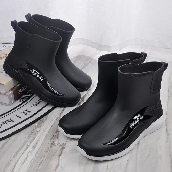 新款高档时尚男士中筒雨鞋防水鞋黑防滑厚底加棉保暖轻便水靴百搭