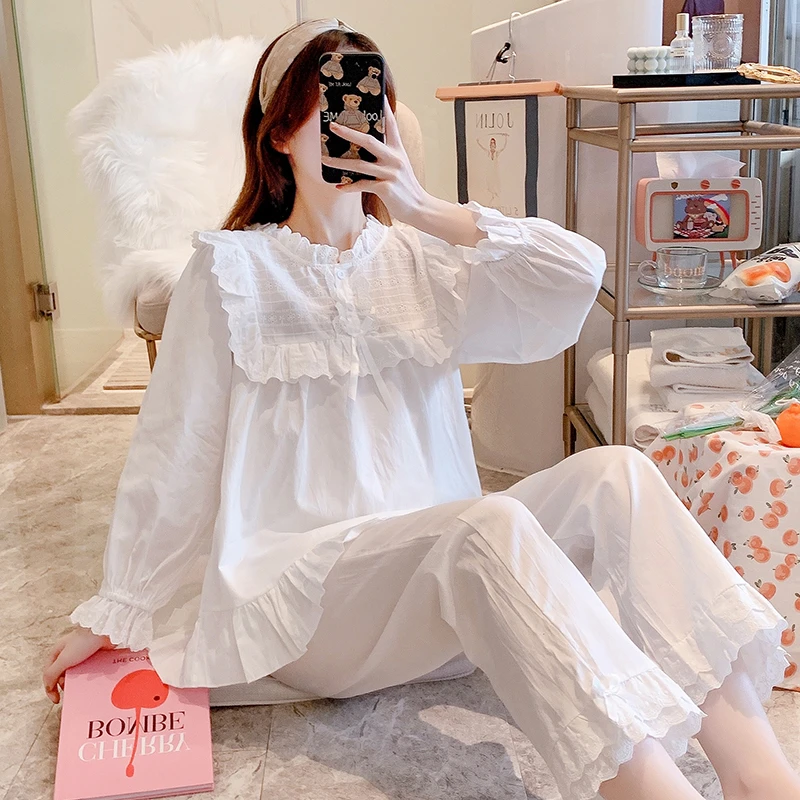 2025新款春秋复古宫廷风睡衣纯棉蕾丝可爱公主风长袖女家居服套装