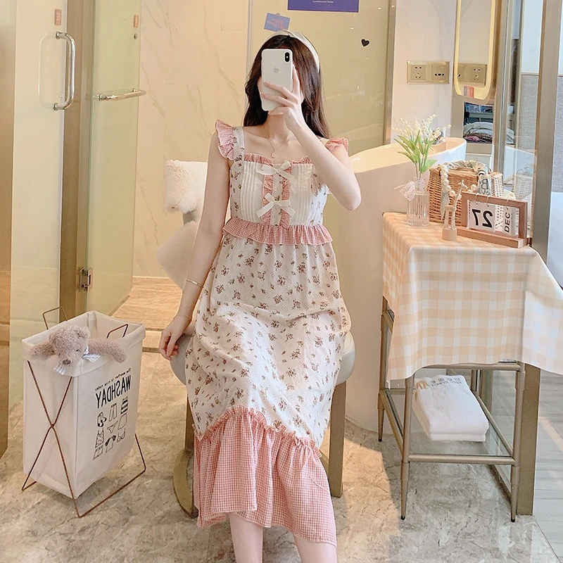 睡裙女夏款带胸垫吊带薄款甜美日系碎花裙公主宫廷睡衣纯棉家居服