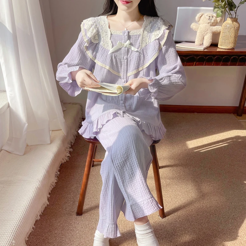 2025年新款纯棉睡衣女春秋季甜美可爱公主宫廷风家居服可外穿纱布