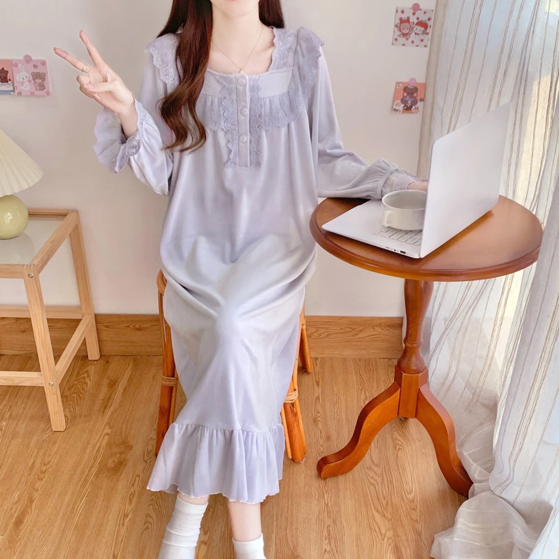 BIEN海岛绒睡裙女秋冬季甜美薄绒公主宫廷风长裙可外穿家居服睡袍