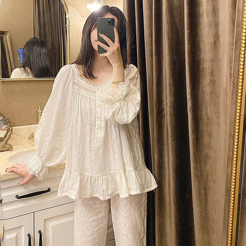睡衣春秋款女长袖纯棉全棉2025年新款宫廷风公主甜美套装家居服