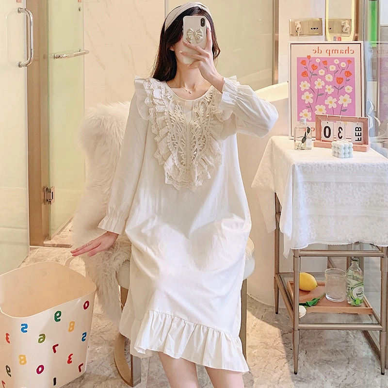 纯棉女生春秋季中长裙公主宫廷风甜美可爱睡衣全棉长袖长款家居服