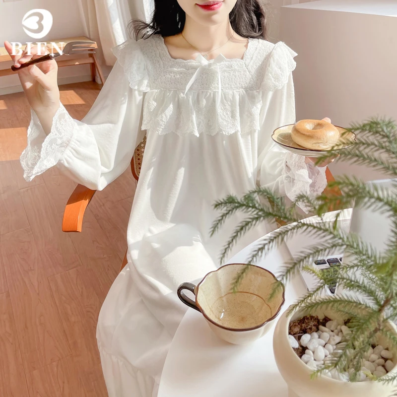 BIEN海岛绒睡裙女秋冬季2025新款薄绒可外穿白色家居服甜美公主风