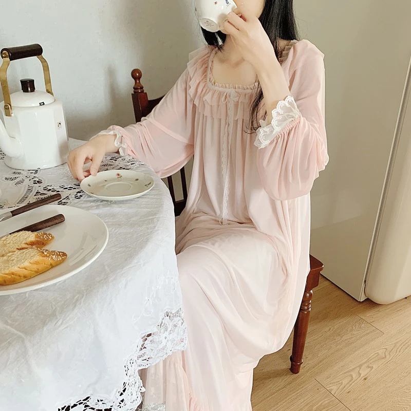 网纱莫代尔睡裙女春秋夏天睡衣甜美可爱长裙家居服蕾丝公主风复古