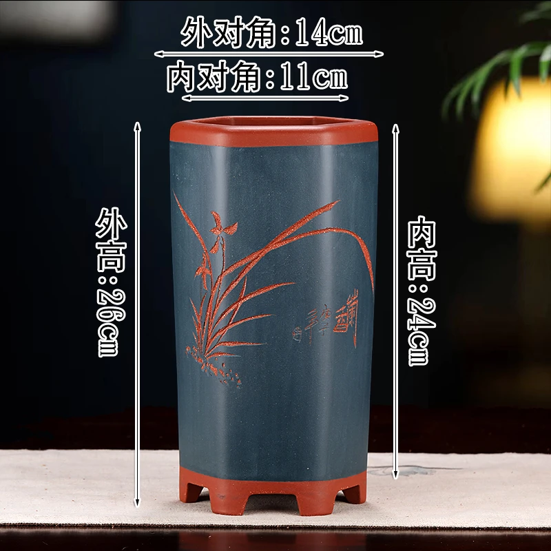 宜兴精品原矿紫砂小六方兰花盆，悬崖盆