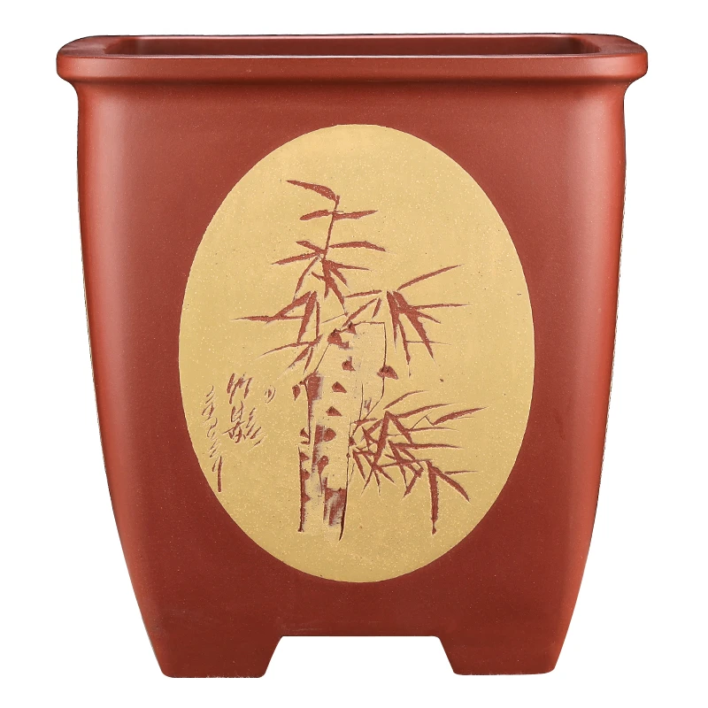 宜兴原矿精品四方刻绘兰花盆