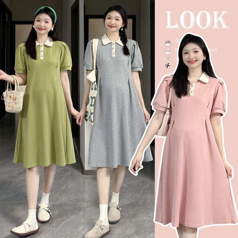2024孕妇装新款中长款POLO领宽松显瘦薄款短袖夏季大码连衣裙