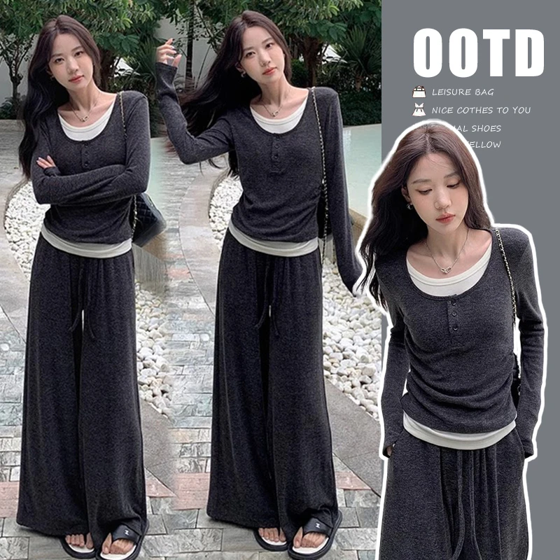 【甜甜】秋装新款假两件长袖上衣+垂感抽绳孕妇阔腿裤