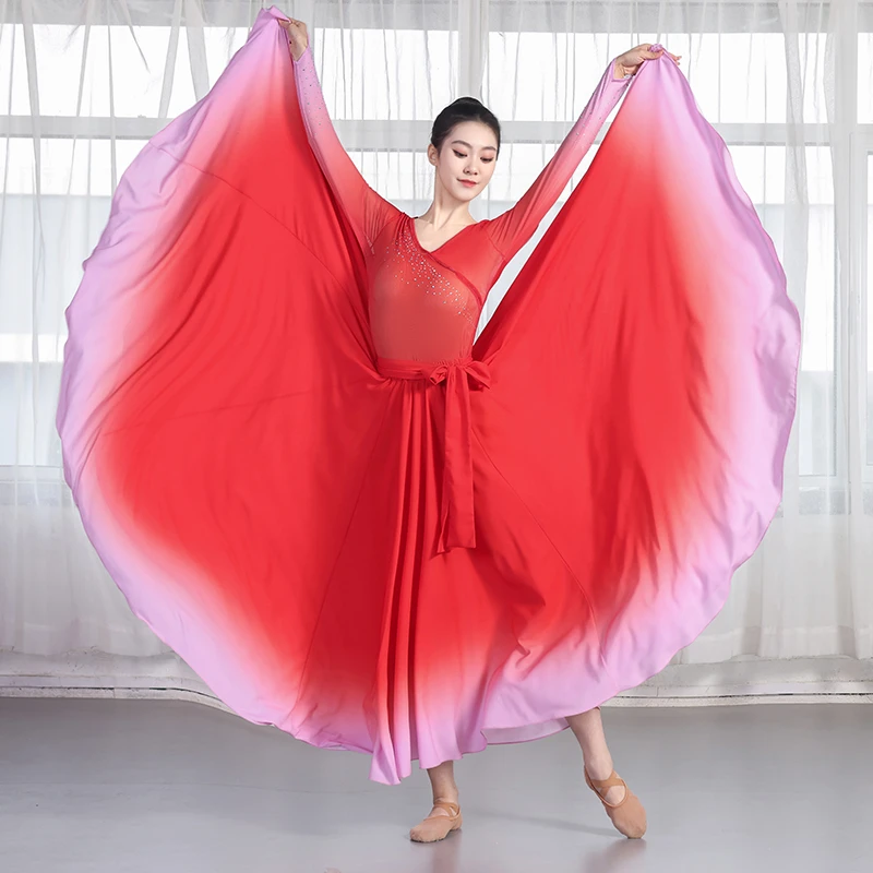 新款舞蹈服女渐变仙气V领上衣飘逸渐变雪纺720度大摆裙服装套装