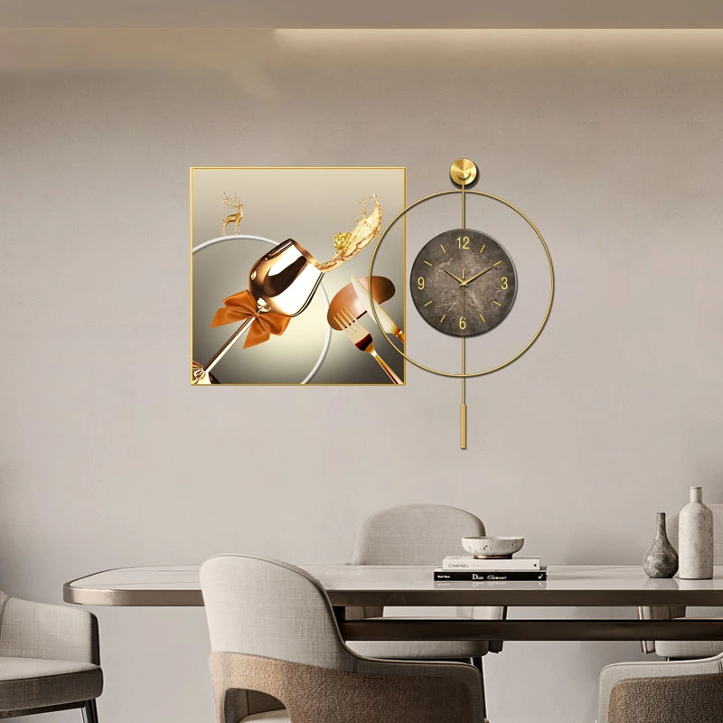 酒杯轻奢餐厅装饰画现代简约饭厅钟表挂画高档客厅餐桌背景墙壁画