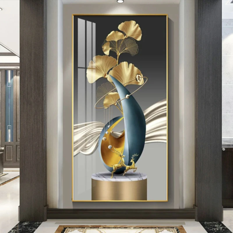 轻奢入户玄关装饰画进门客厅走廊过道挂画新款杏叶麋鹿竖版墙壁画