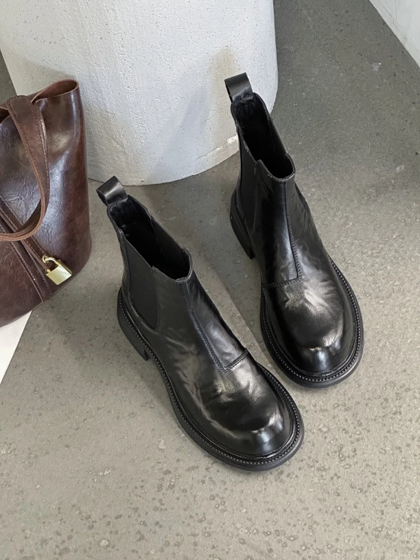 F11【胡桃木】达思图短靴一脚蹬切尔西靴女松紧口弹性舒适软底皮靴