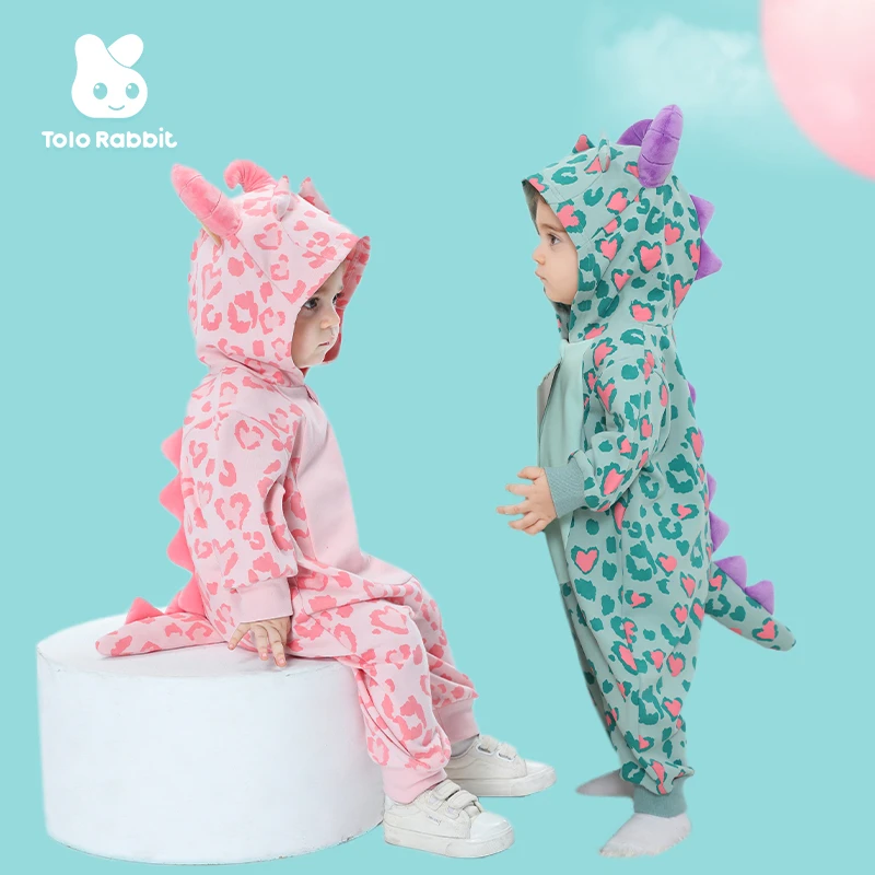 奇乐兔春季新款婴幼儿宝宝可爱连体哈衣豹纹小怪兽造型针织连体衣