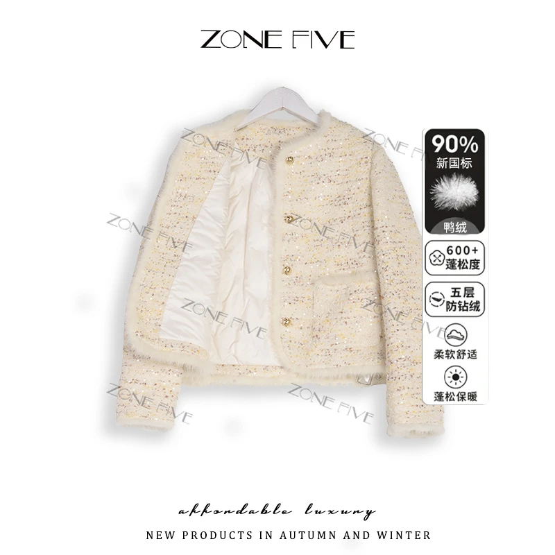 【zonefive】羽绒服女编织上衣女水貂绒短款粗花呢高级感7581