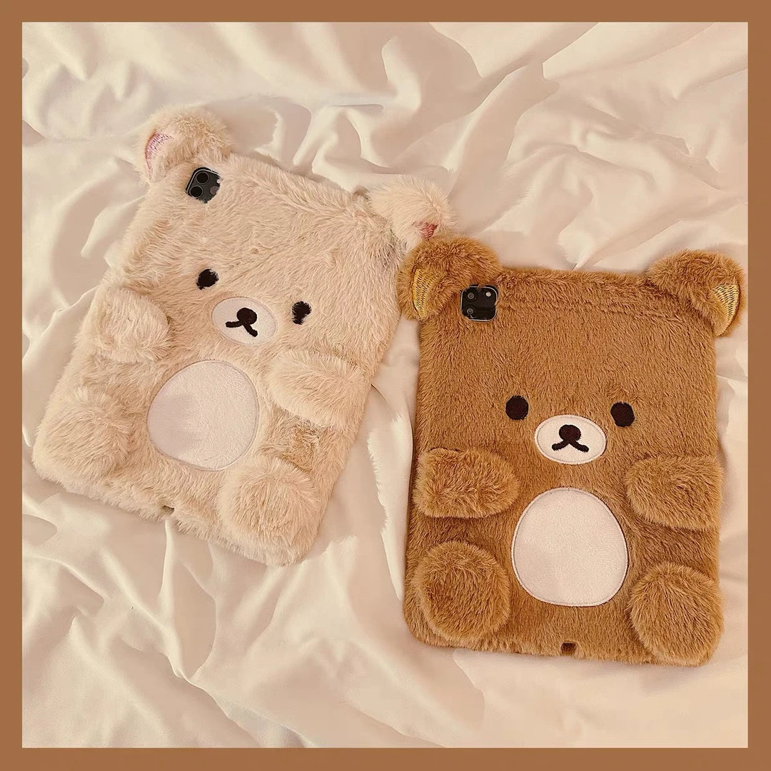 秋冬毛绒刺绣轻松熊ipad11代10代平板保护套pro笔槽789毛茸茸air5