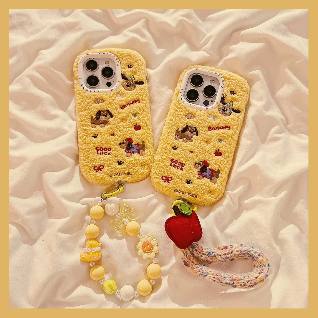 卡通黄色毛绒刺绣腊肠狗iPhone16promax适用苹果15手机壳14女13软