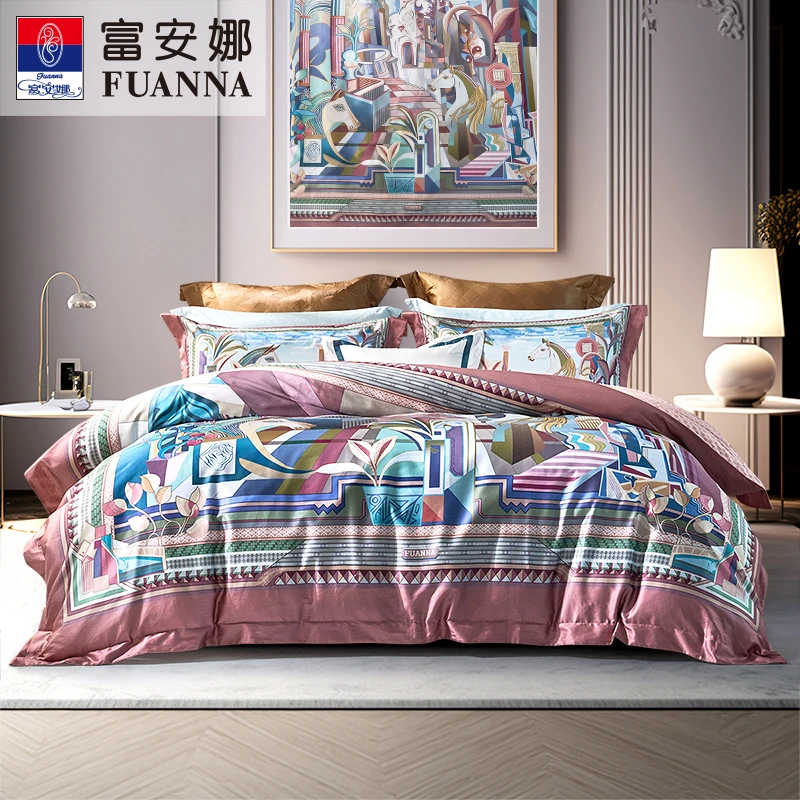 富安娜家纺双股精梳140支匹马棉贡缎独幅平网印花被套床单四件套